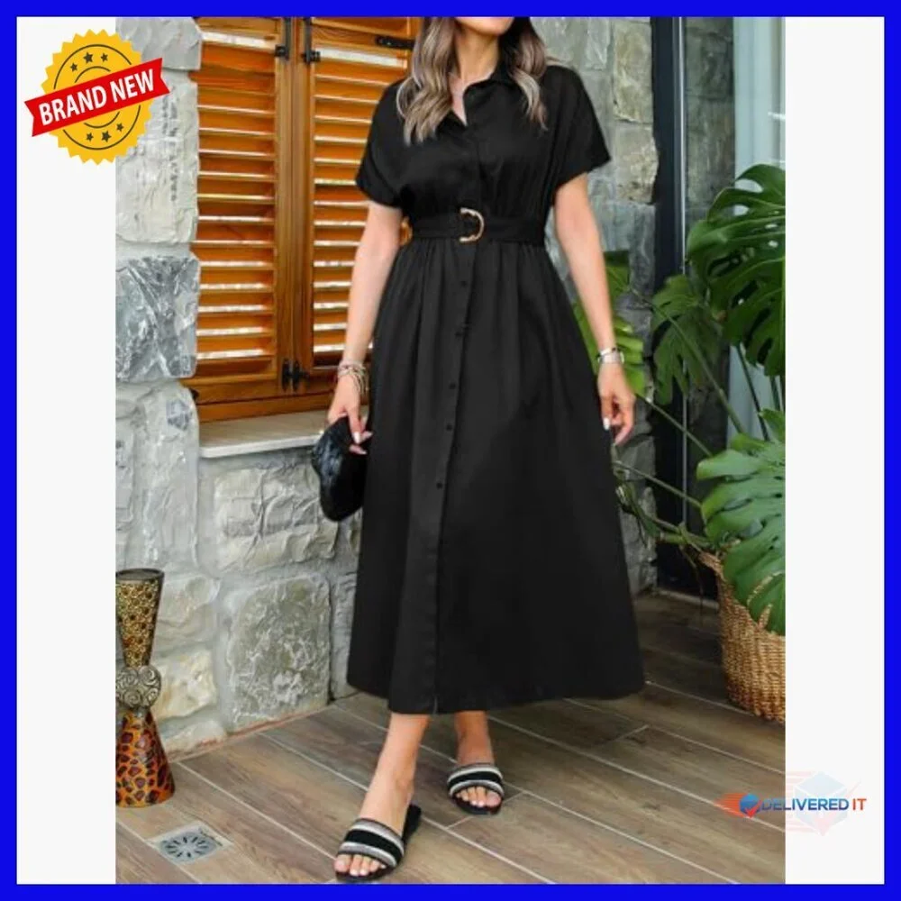 Summer Short Sleeve Midi Dress Button Down A Line Belt Work Casual